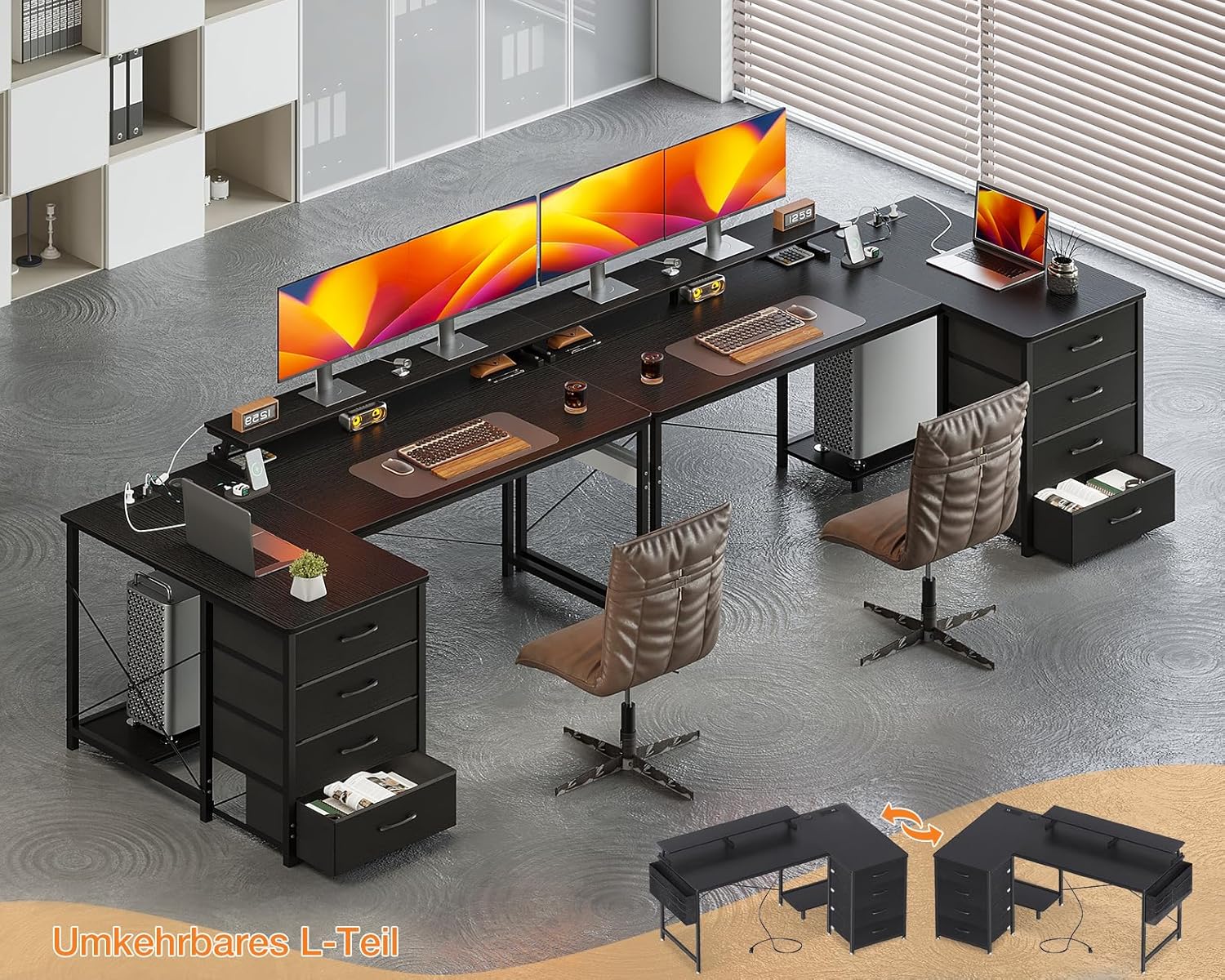 Schreibtisch L Form Schwarz, Corner Schreibtisch Reversibel mit 4 Schubladen, 140x80x84,7cm Ecktisch mit 2 USB-Charging Port&2