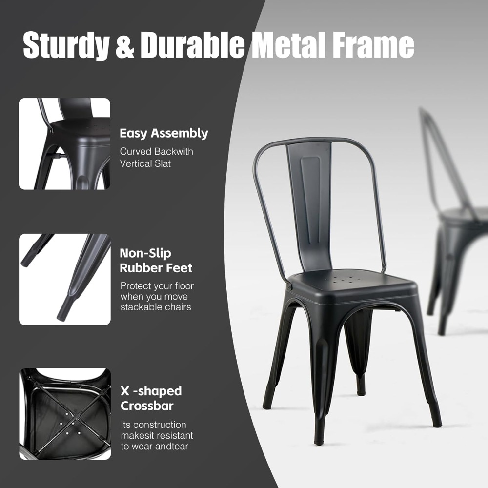 Metal Dining Chair Set of 4 Stackable Indoor Outdoor Industrial Vintage Chairs Bistro Restaurant Kitchen Cafe Side Chairs Matte