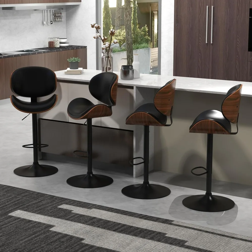 Bar Stools for Kitchen Counter, Adjustable Bar Height Chairs, Modern Swivel Barstools with Bentwood Seat and Back with Footrest