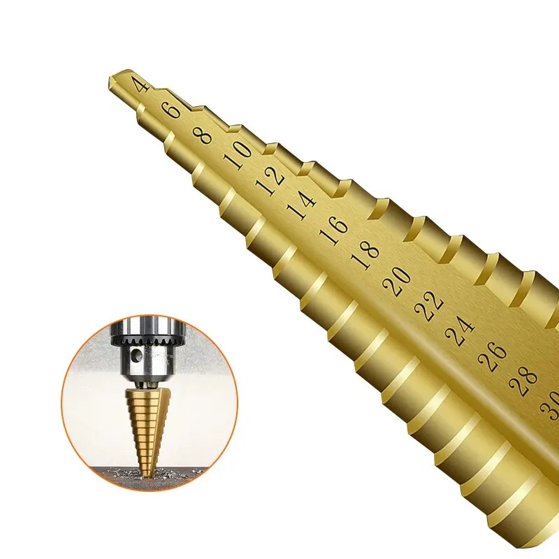 3pc pagode broca 4-12/4-20/4-32mm hexagonal sulco reto titânio chapeado escada broca ferramenta elétrica conjunto de acessórios