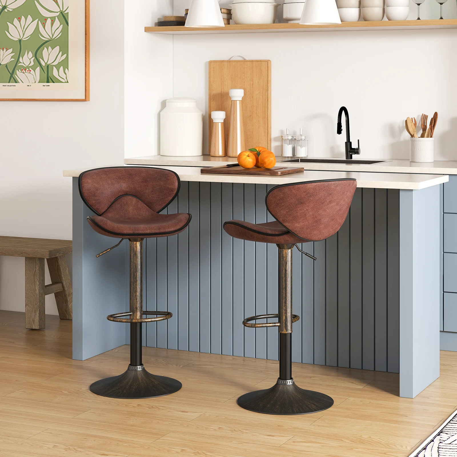 GOFLAME Height-adjustable Bar Stools Set of 2 Upholstered Bar Chair w/ Backrest