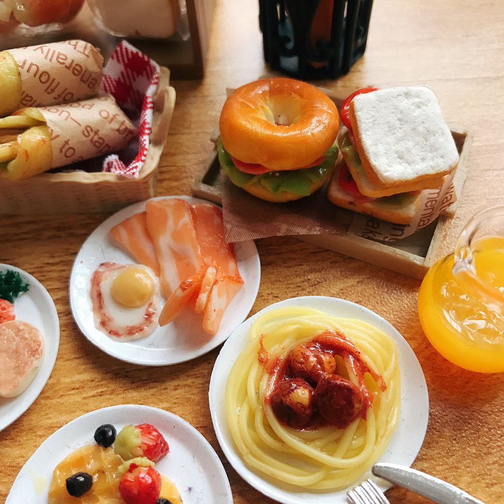 새로운 귀여운 1/6 스케일 인형 집 미니어처 아침 식사 미니 빵 와플 베이컨 베이글 클레이 음식 인형 주방 완구 액세서리
