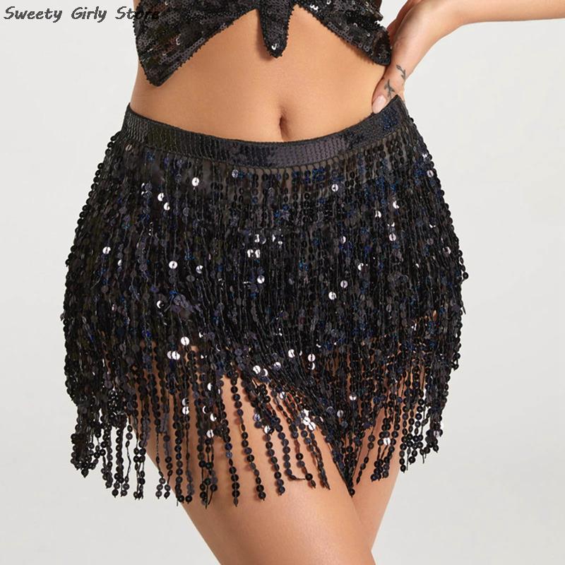 Latin Dance Praxis Kleid Pailletten Gürtel Frauen Bauchtanz Röcke Leistung Clubwear Kette Quaste Böhmischen Hüfte Taille Schal