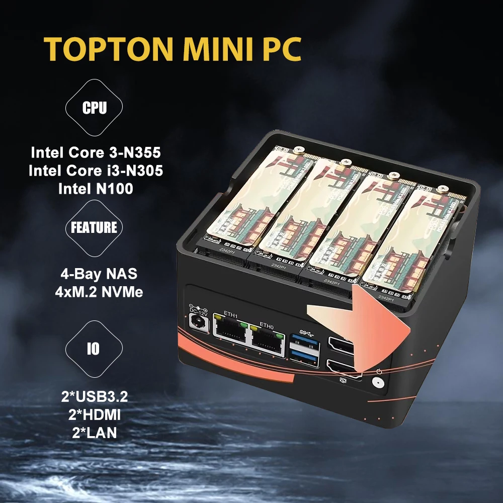 4-bay NAS Mini PC N305 N150 4x NVMe Micro NAS Server voor Desktop 4xM.2 NVMe Board 2x i226-V 2.5GbE LAN Netwerk Pocket Computer