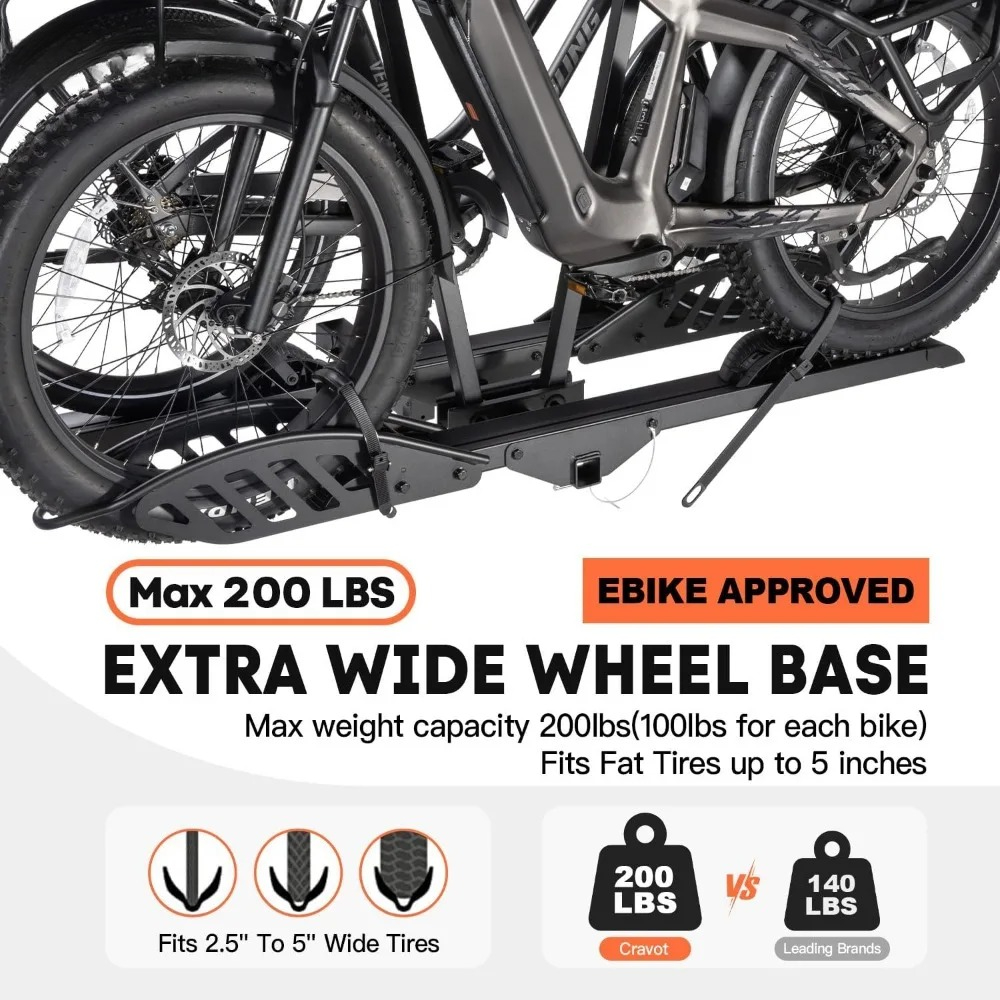 CyberRack E2 Hitch 2 EBike Rack with Ramp, 200 lbs Capacity Electric Bike Carrier Foldable Platform Mount, Up to 5-inch Fat Tire