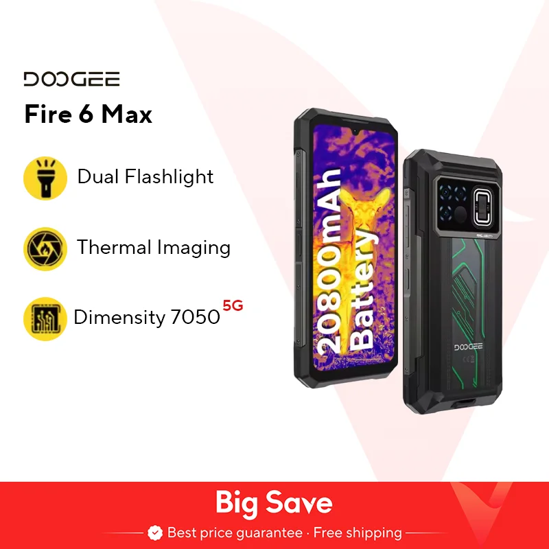 Weltpremiere DOOGEE Fire 6 Max 5G Robustes Telefon, Abmessung 7050, Wärmebildgebung, 6,72 Zoll, Dual-Taschenlampe, 20800 mAh Akku, Mobiltelefon