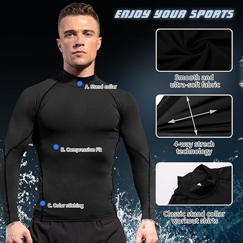 Camiseta ajustada deportiva de manga larga de compresión de secado rápido con cuello alto para hombre, camiseta ajustada para correr, informal, primavera y otoño