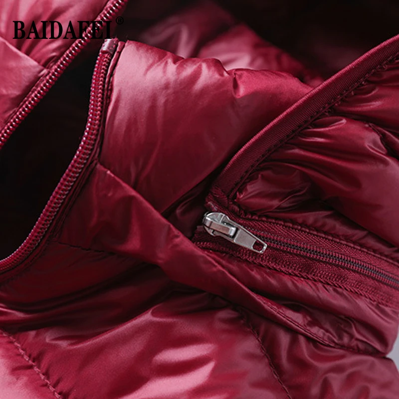 Damen bekleidung Frühling Winter leichte packbare lange Daunen jacken neue Kapuze abnehmbare weibliche tragbare flauschige Winter Puffer Mantel