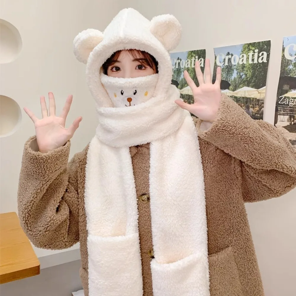 Cute Plush Bear Ear Beanies Cap Warm Large Head Circumference Lamb Skull Cap Splicing Warm White Thickened Scarf Gloves Set Head