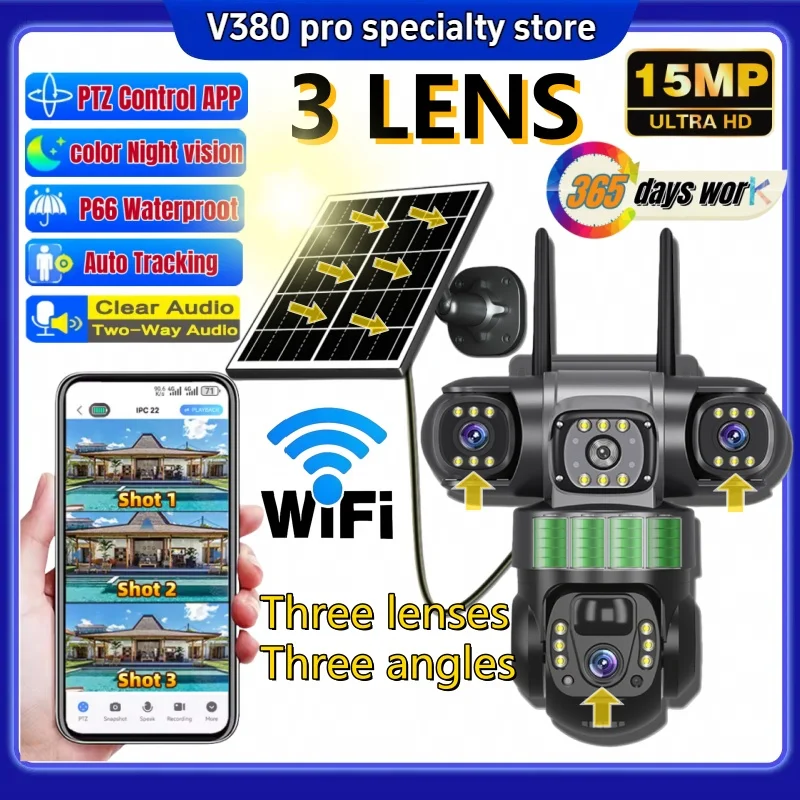 WIFI 15MP Telecamera solare Telecamera 3 obiettivi 3 schermi Zoom 10X Rilevamento corpo Visione notturna impermeabile CCTV Protezione di sicurezza V380 pro