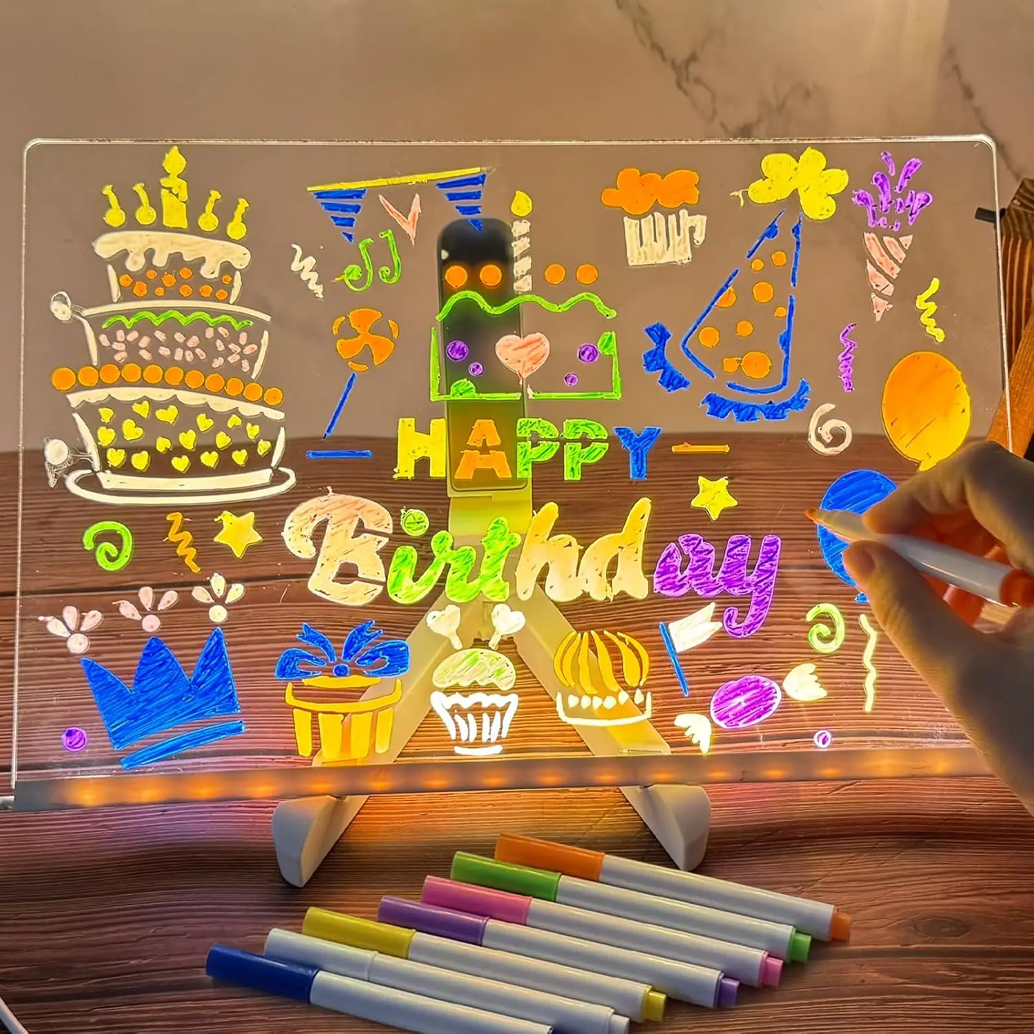 LED Note Board With Night Light Colorful 7 Pens DIY Acrylic Message Board Children‘s Drawing Board For Kids Birthday Gift
