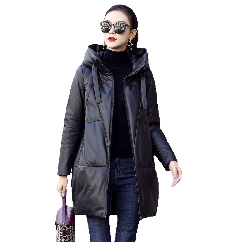 Черное пальто из искусственной кожи, пуховая хлопковая одежда с капюшоном, женская зимняя одежда 2024, толстая свободная куртка с хлопковой подкладкой, толстые парки