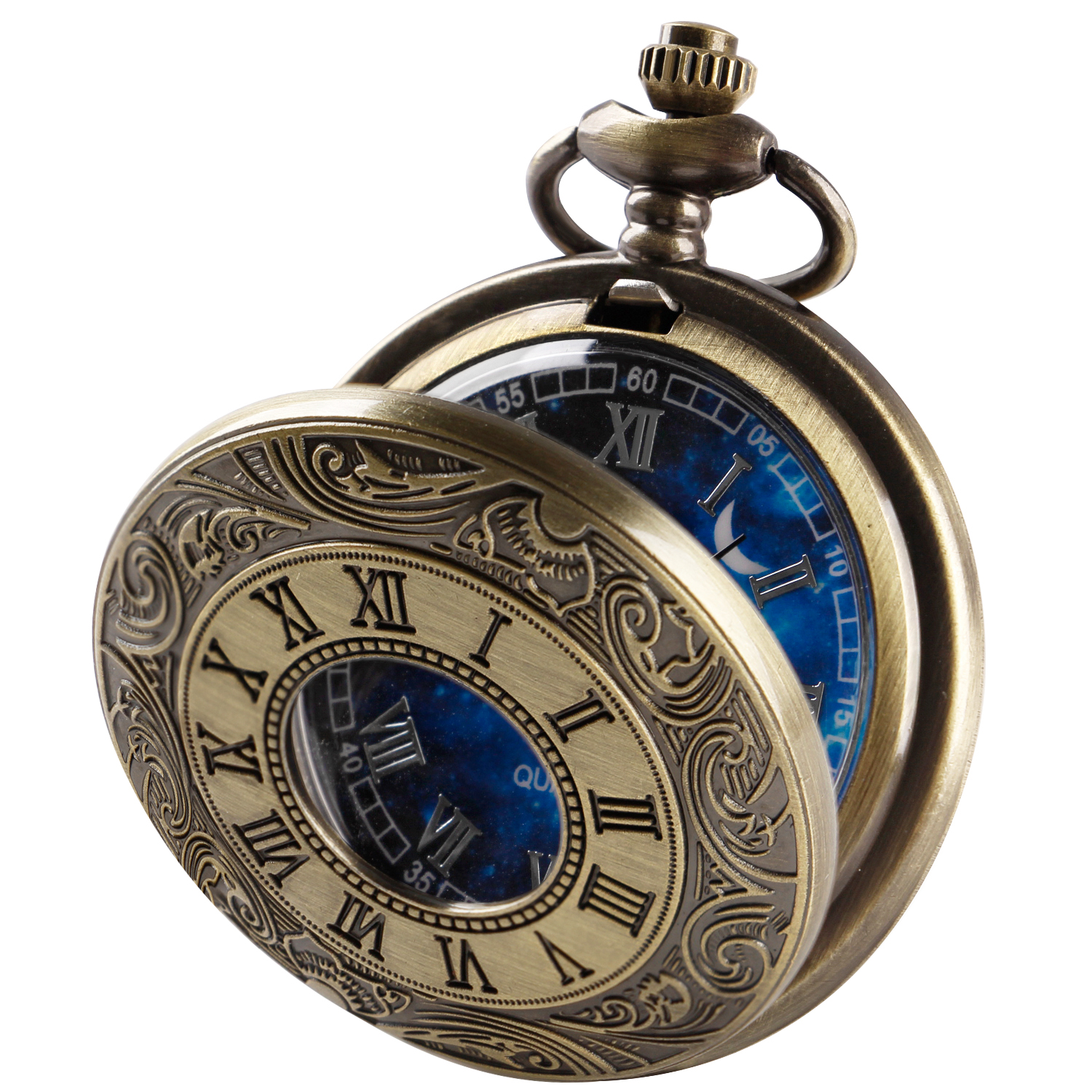 Reloj de bolsillo de cuarzo con esfera azul, diseño antiguo especial, collar Vintage, reloj colgante, el mejor regalo de vacaciones para hombres y mujeres