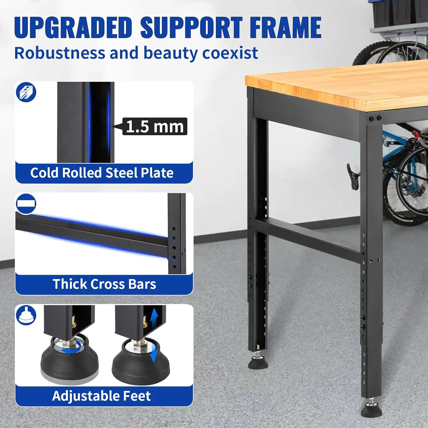 Workbench Adjustable Height, 61" x 20" Garage Table with 27.1" - 36" Heights & 2000 LBS Load Capacity, with Power Outlets