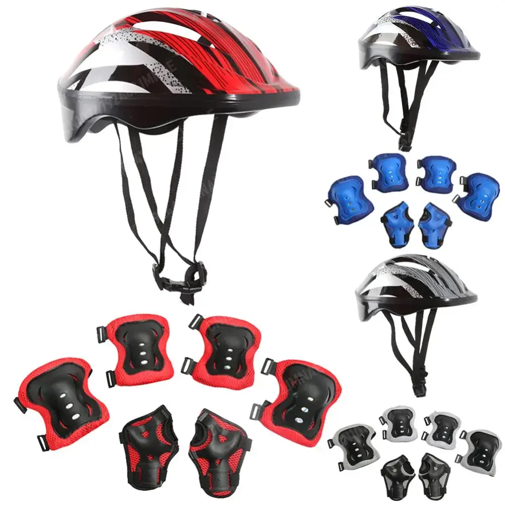 Conjunto de proteção de joelho e cotovelo para crianças, capacete esportivo de bicicleta ajustável, 48-55cm, meninos e meninas, 5-12 anos, 7 peças