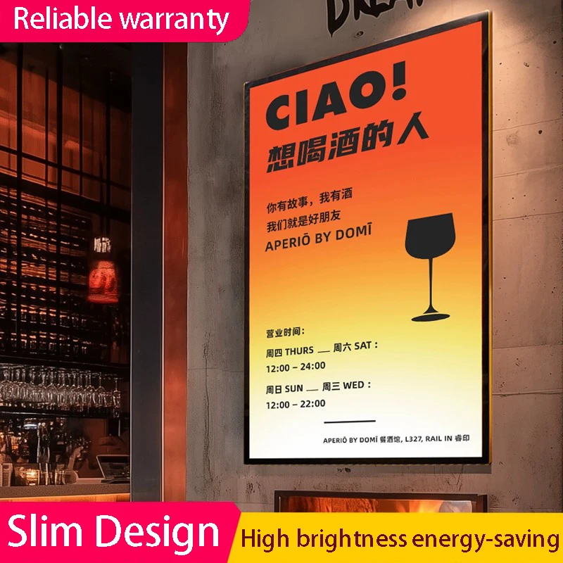 Nuovo tipo di pannello pubblicitario ultrasottile lightbox illuminazione a LED per interni in vetro montata a parete/A3/A4