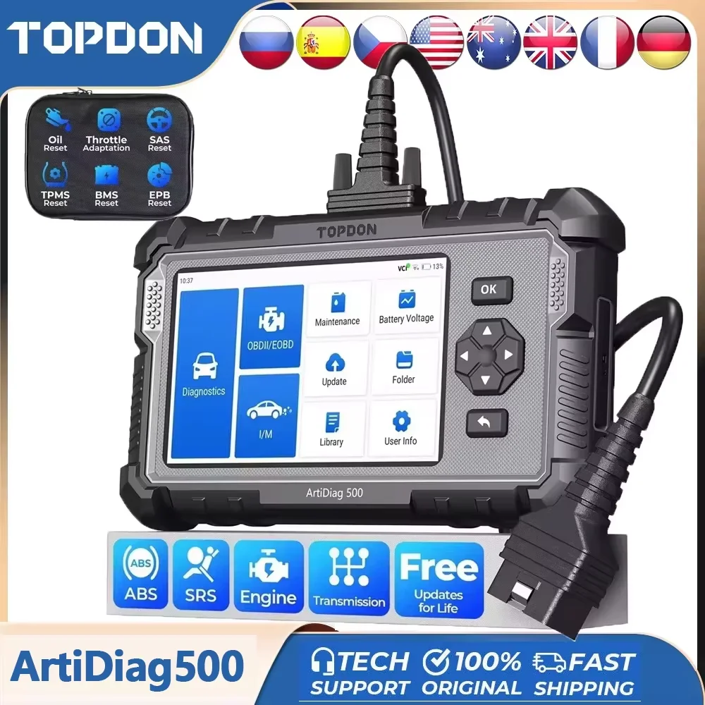 Автомобильный диагностический инструмент Topdon, все системы, OBD2 диагностический сканер двигателя ABS SRS подушка безопасности, Автомобильный сканер, считыватель кодов ArtiDiag500
