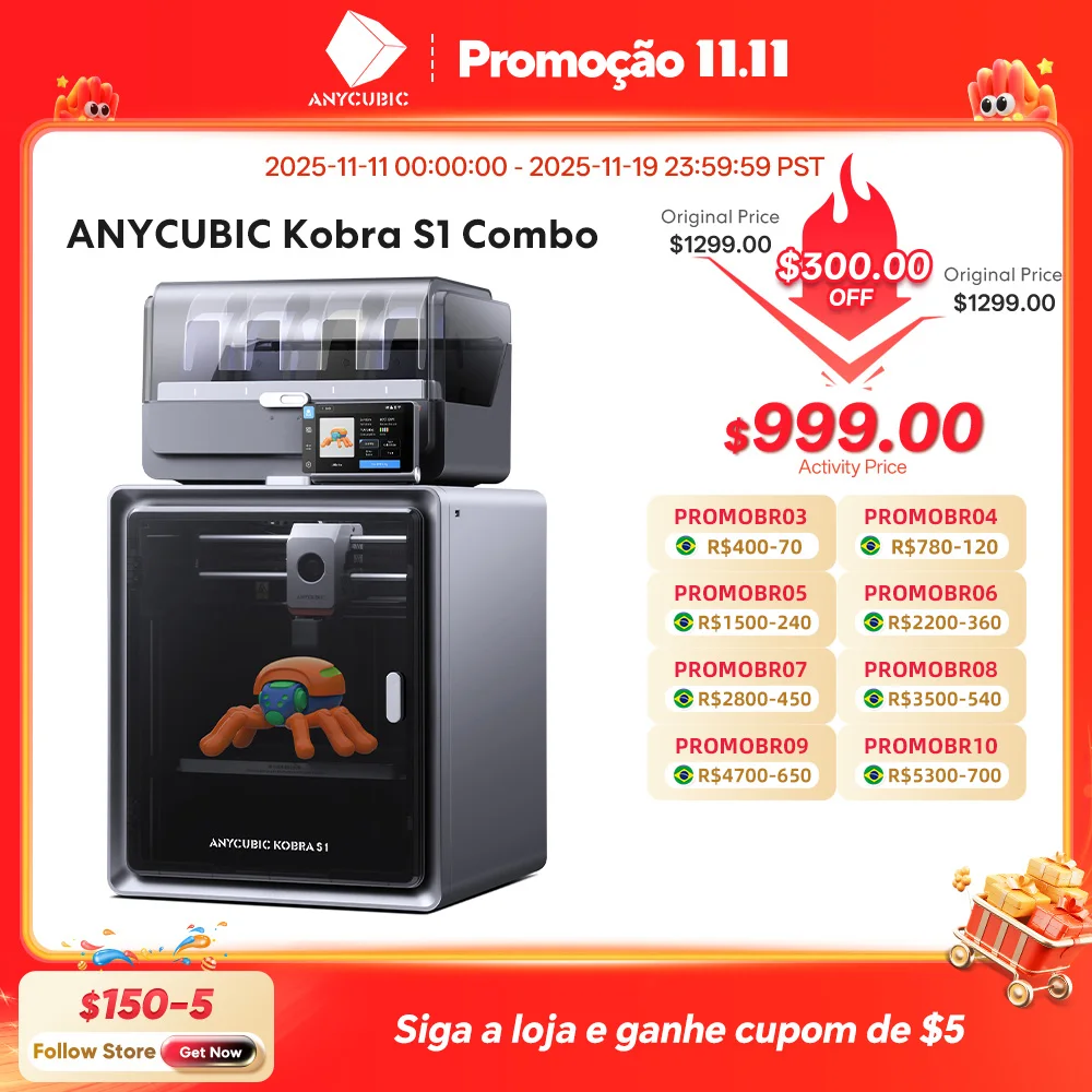 Anycubic Kobra S1 Combo Impressora 3D multicolorida Núcleo de alta precisão XY Estrutura estável Ultra silenciosa Velocidade máxima 600 mm/s Impressora 3D