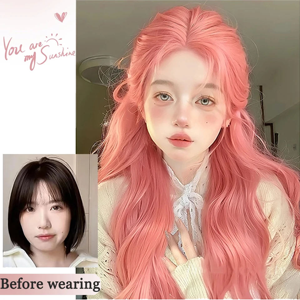 핑크 가발 긴 물결 모양의 합성 가발 중간 부분 자연 웨이브 가발 내열성 코스프레 파티 일일 헤어 가발 여성에게 적합 LM