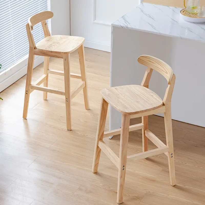 Solid Wood Backrest Bar Chair Checkout Counter High Stool Modern Milk Tea Shop Back Chair Nordic Retro Bar Furniture