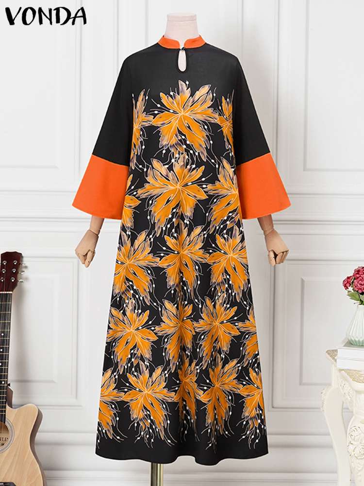 Vonda-女性のためのヴィンテージマキシドレス,フレアスリーブ,ボヘミアンスタイル,スタンドカラー,カジュアル,夏,5xl,2024