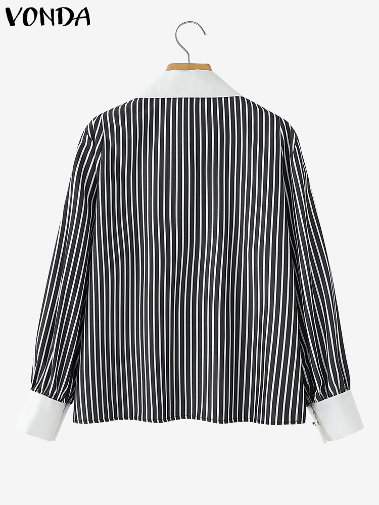 Plus Größe 5XL VONDA Frauen Streifen Patchwork Shirts Casual Langarm Tops 2024 Übergroßen Open Up Einfache Tunika Elegante Bluse