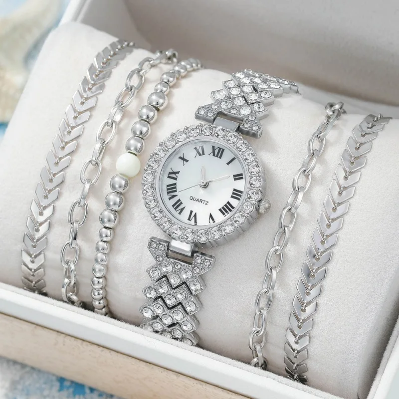 Conjunto de 5 uds de relojes de cristal completo para mujer, Reloj de pulsera con diamantes para mujer, Conjunto de pulsera de Reloj de moda de lujo, regalos de diamantes de imitación