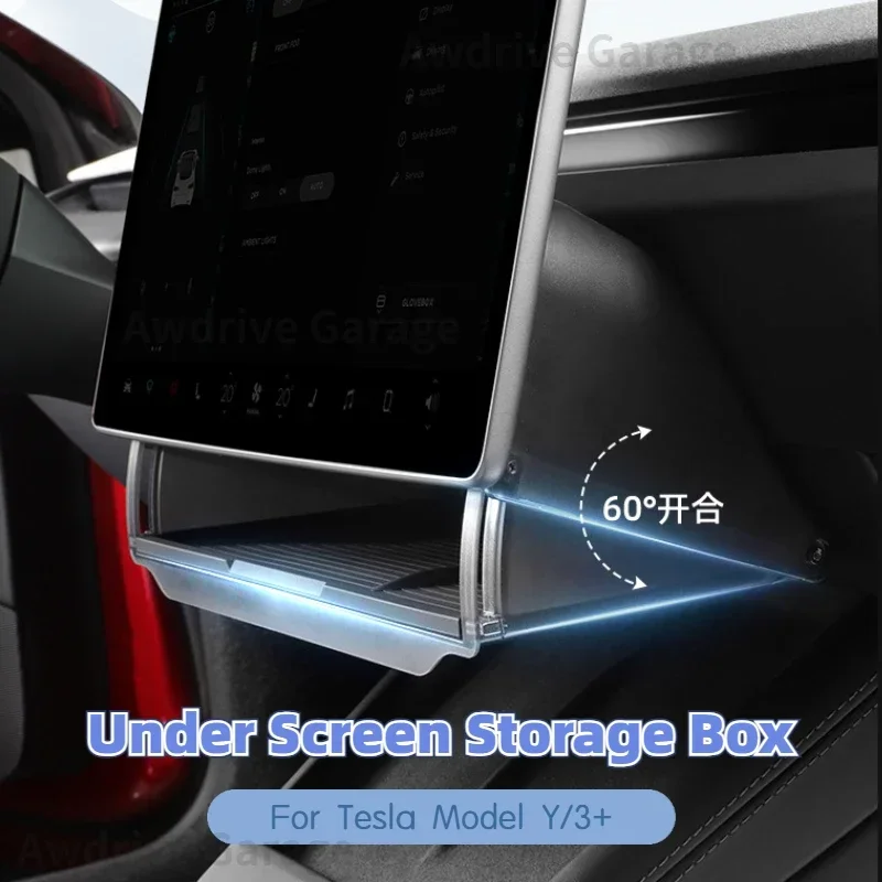 Under Screen Storage Box for Tesla Model Y/3+ Highland Model Y juniper Central Control Hidden Storage Organizer Tray Accessories