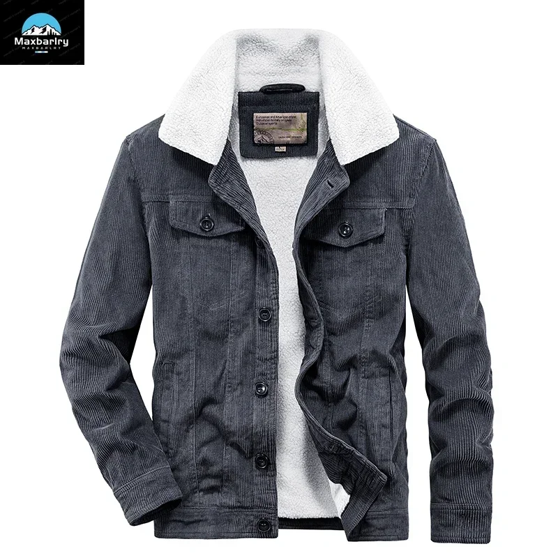 Herren Winterjacke Vintage Khaki Cord Verdickter Fleece-gefütterter warmer Parka Retro Jagd Pelzkragen Winddichter Herrenmantel