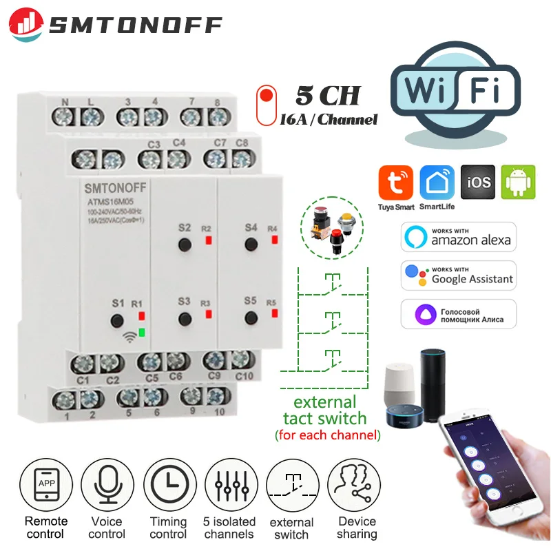 Tuya WIFI 5 canales aislados interruptor inteligente de 5 entradas temporizador inteligente con interruptor externo Control remoto por voz