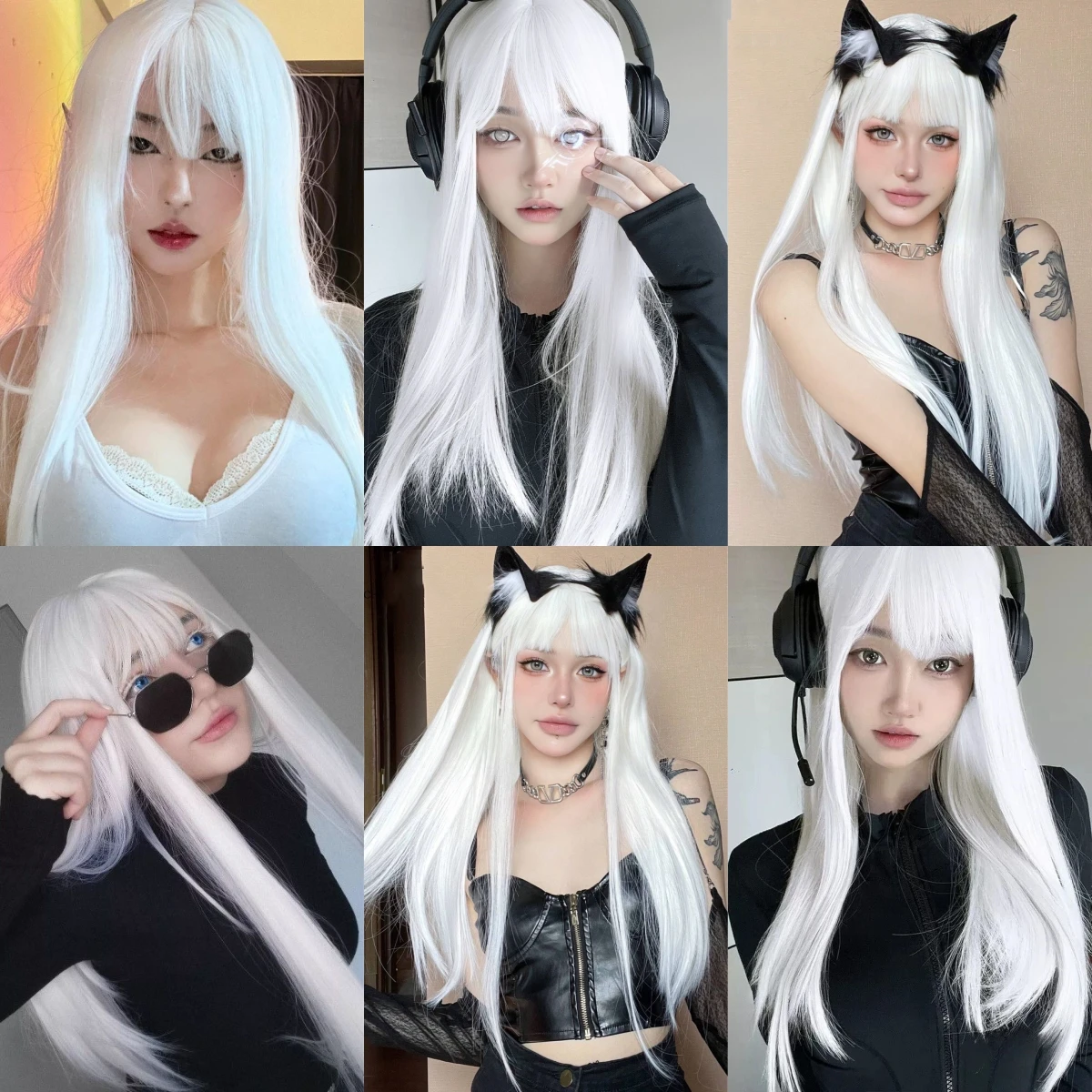 HENRY MARGU Parrucche sintetiche bianche lunghe e diritte per le donne Capelli finti colorati per feste cosplay con frangia Parrucca bianca ad alta temperatura