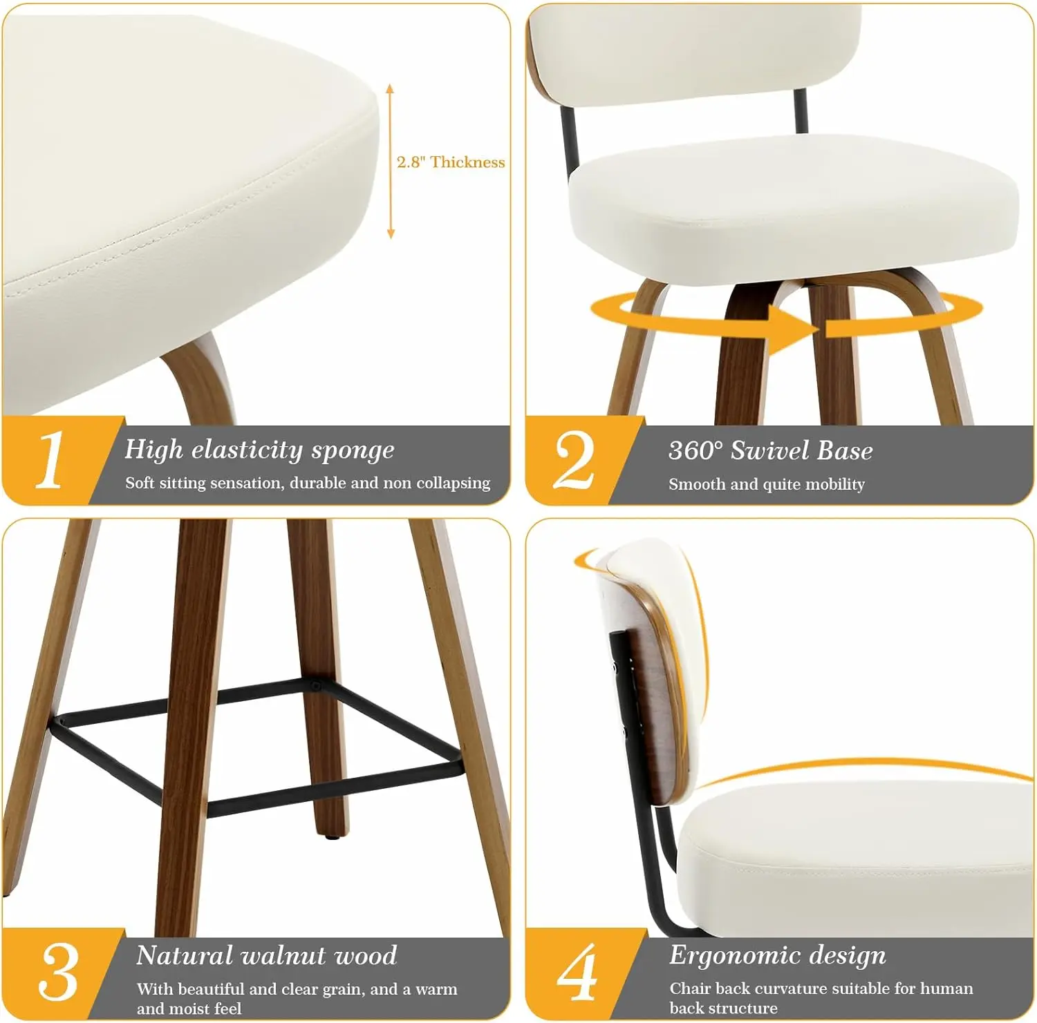 Swivel Counter Height Bar Stools Set of 4, 26" Upholstered Faux Leather Barstools,Mid Century Modern Chair Island ,Cream White