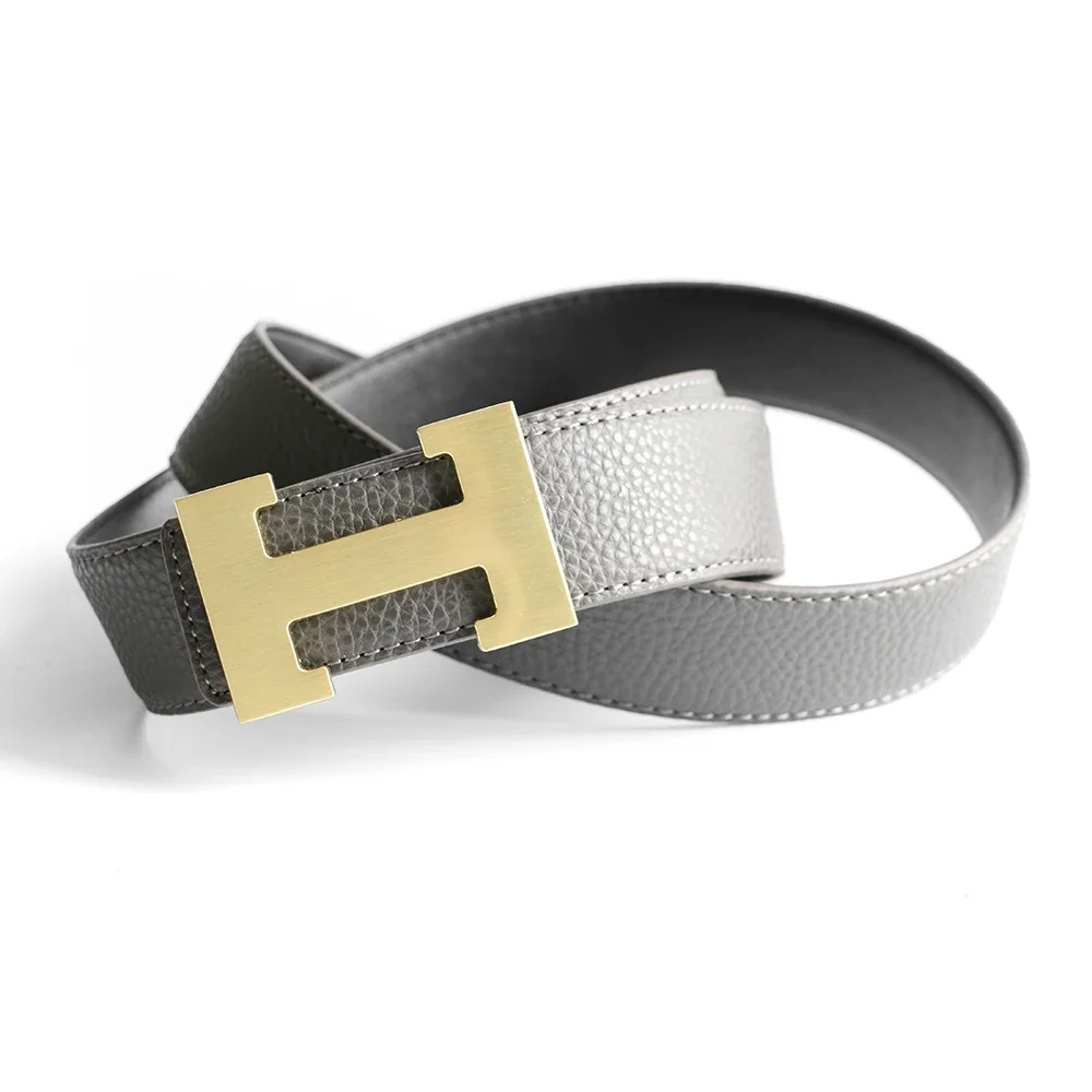Cinturón con hebilla en H para hombre y mujer, correa de vestir de cuero genuino Real de alta calidad, color gris