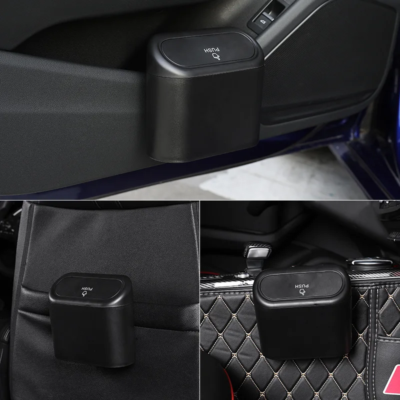 Cubo de basura para coche, caja de almacenamiento para polvo de basura colgante para vehículo, cubo de basura cuadrado de presión de plástico, suministros para coche