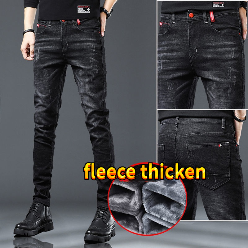 Pantalones cálidos de lana para hombre, vaqueros de invierno con forro polar térmico, moda coreana negra, pantalones vaqueros ajustados y gruesos de lana de felpa con corte de bota para hombre