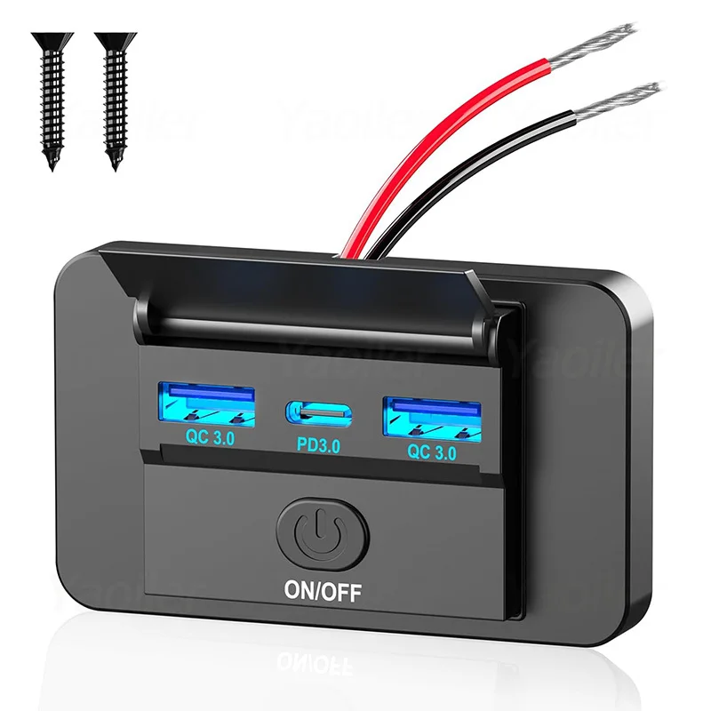 Panel de salida USB de 72W, 3 puertos, 12V, montaje en pared, 36W, USB C y doble QC3.0, 18W, puerto USB, enchufe de cargador con interruptor para coche, autobús, RV y camión