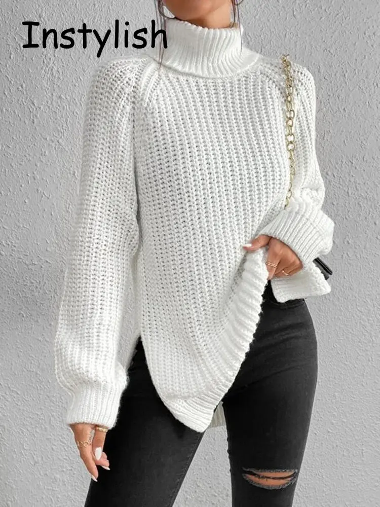 Frauen Winter Rollkragen Lose Pullover Elegante Tropfen Hülse Seite Split Pullover Vintage Harajuku Chic Jumper Übergroßen stricken Tops