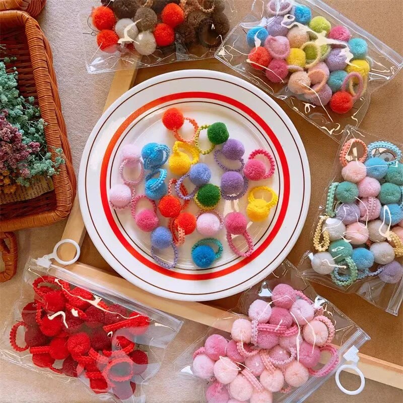 20 pçs meninas colorido bola de pelúcia elástico faixas de cabelo crianças cordas de cabelo laços rabo de cavalo borracha headwear acessórios para o cabelo presente