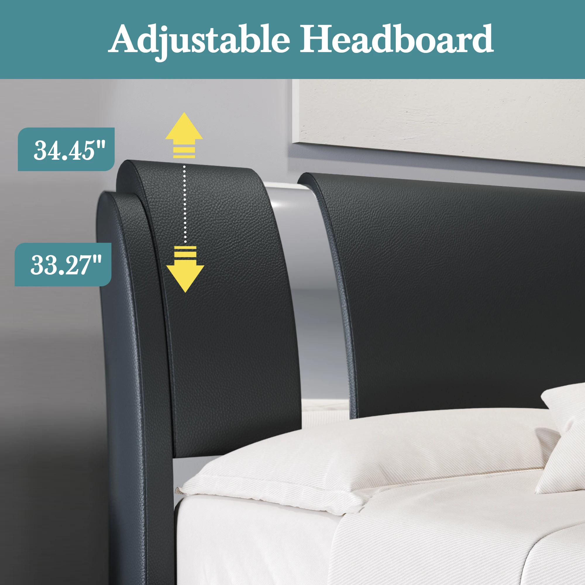 HOOMIC Modern Faux Leather Bed Frame with Iron Pieces Decor, Low Profile Platform Bed with Height-Adjustable Headboard