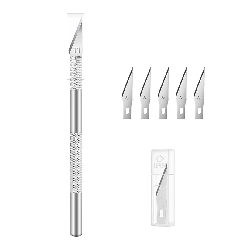 Silver Metal Carving Knife DIY Sculpture Model Making Aluminum Rod Art Knife Wood Carving Blade Hand Tool Set + 5pcs 11# Blades
