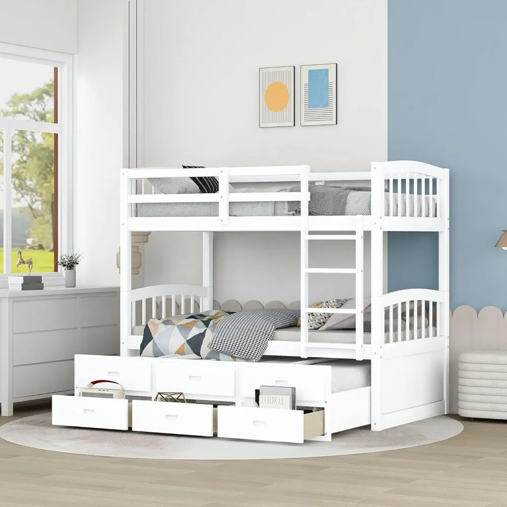 Twin Over Twin Bunk Bed with Twin Trundle, 3 Storage Drawers, Safety Rail, and Removable Ladder, Can be Separated into 3 Bed