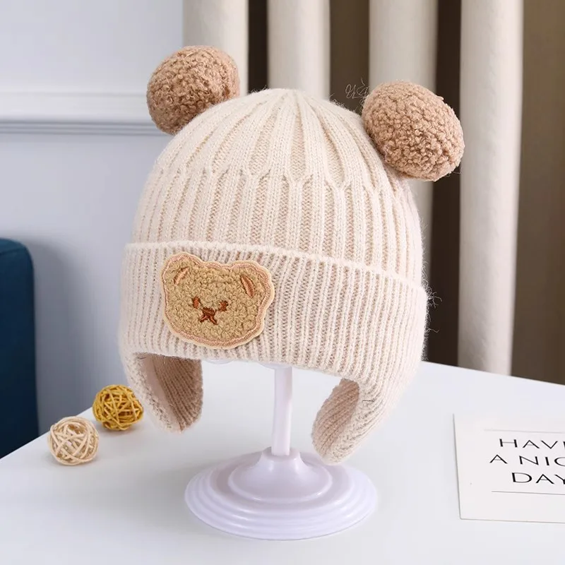 Chapéu de lã do bebê bonito urso proteção de orelha chapéu crianças inverno engrossado quente malha versão coreana do chapéu do bebê