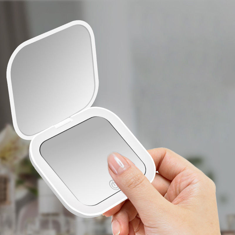 Mini presente compacto vaidade dobrável espelho cosmético com luzes portátil de mão pequeno bolso espelho de maquiagem de viagem 2x ampliação