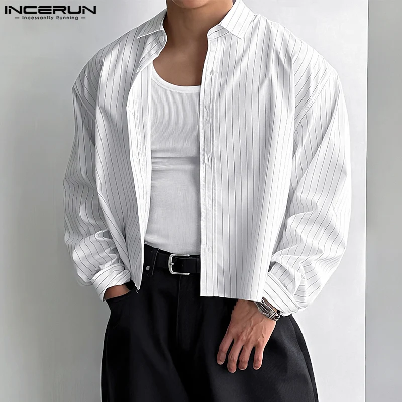 INCERUN Tops 2025 Korean Style Men's Casual Simple Striped Cropped Shirt Fashion Streetwear Male Hot Selling Long Sleeved Blouse