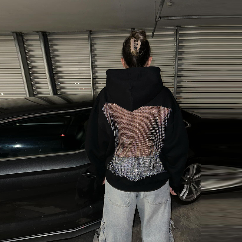 Damen-Sweatshirt, rückenfrei, langärmelig, Gothic-Sweatshirt, sexy Hohl-Mesh-Hoodie, glänzend, durchscheinend, Y2K-Pullover, 2025, neue Dame, würziges Mädchen-Top