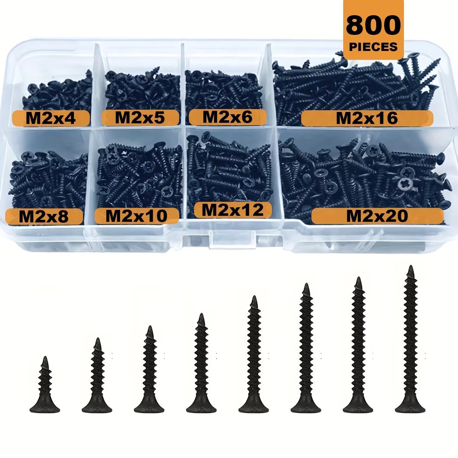 M2 black Flat Head Cross Carbon Steel Self-Tapping Screw 800Pcs, Suitable For Home Improvement, DIY Engineering, Electronic Prod