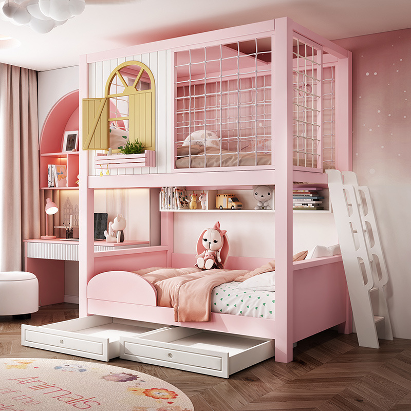 Muebles para niños de madera maciza completa, dos capas de camas de madera para niñas, camas de doble cubierta altas y bajas, cama principal y madre