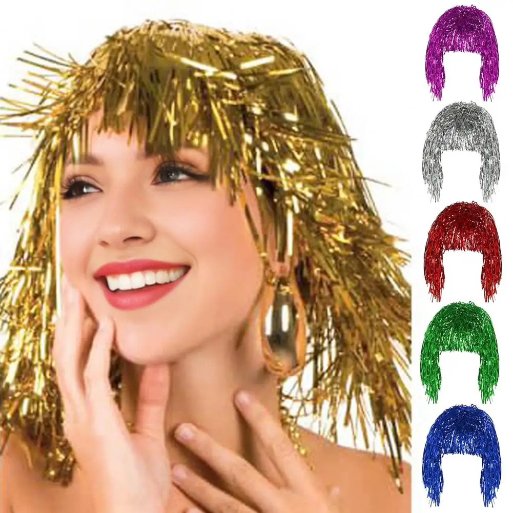 Cosplay Disco Wig Foil Tinsel Shiny Party Wig Adults Metallic Cosplay Party-ready Funny Wig Festive Decoration Wigs Party Wigs