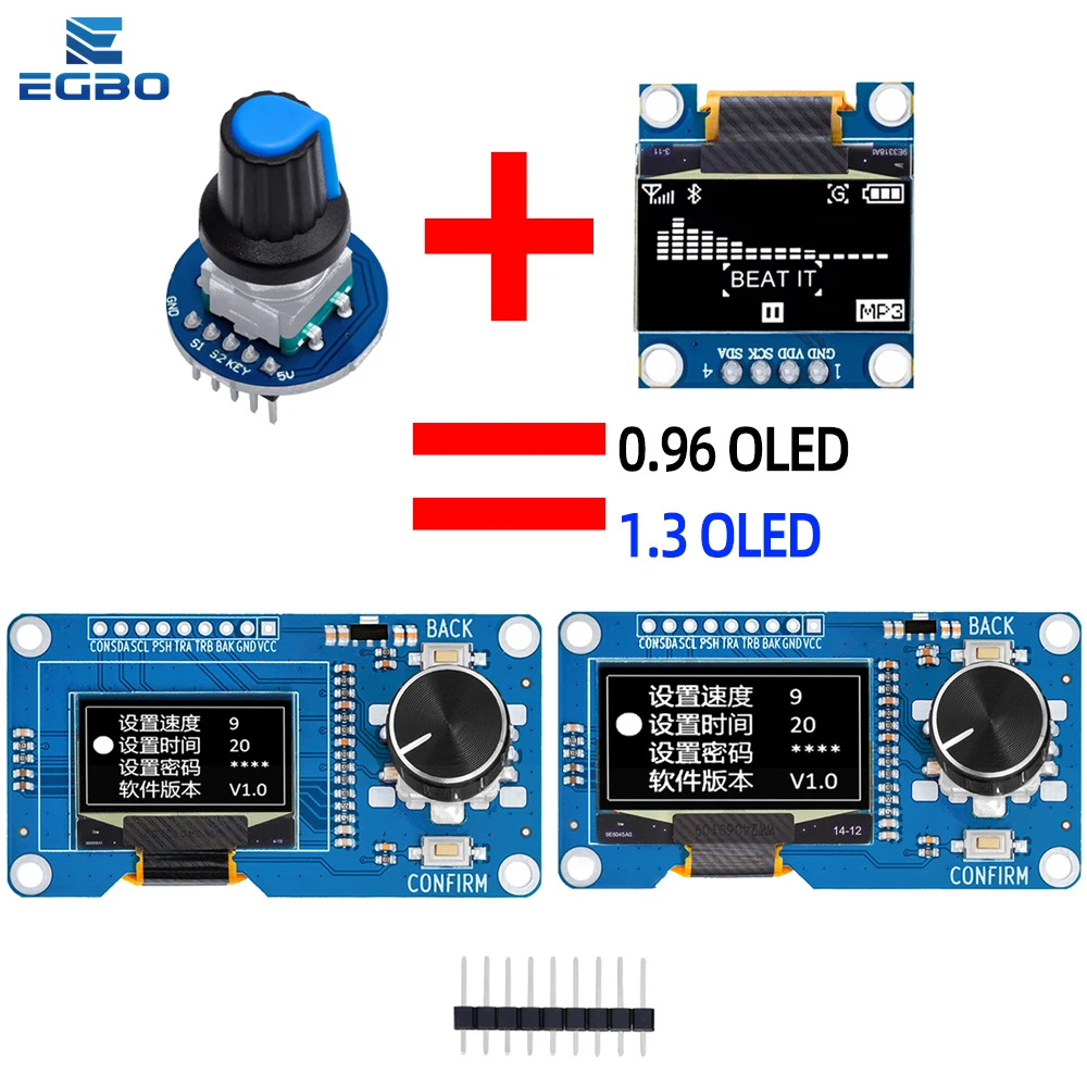 Pantalla oled blanca de 0,96/1,3 pulgadas, 3,3 V/5V combinada con módulo codificador rotatorio EC11, interfaz IIC para arduino EGBO