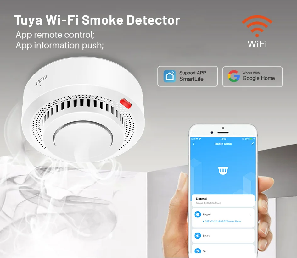 Tuya WiFi inteligente Sensor de humo protección contra incendios Detector de humo 85dB sistema de seguridad de sonido bomberos Smartlife APP Control